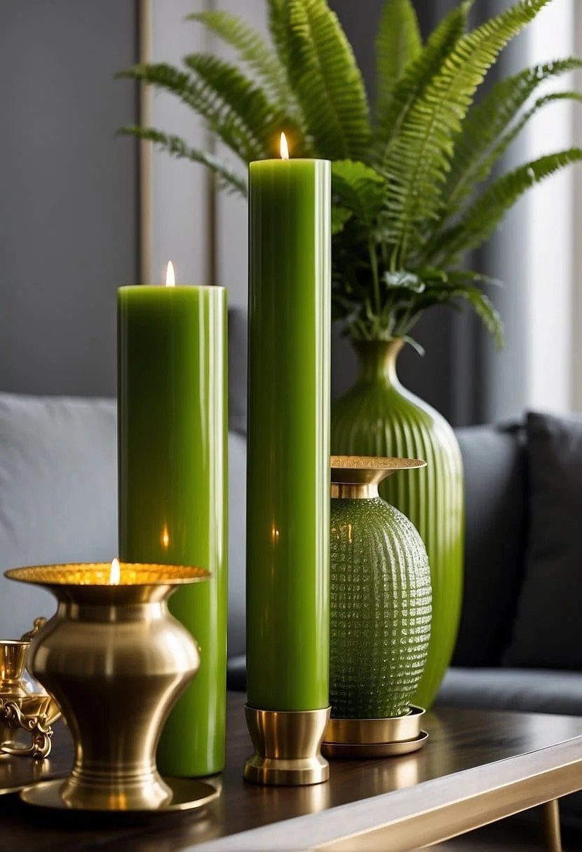 Lime Green Vases and Gold Candle Holders