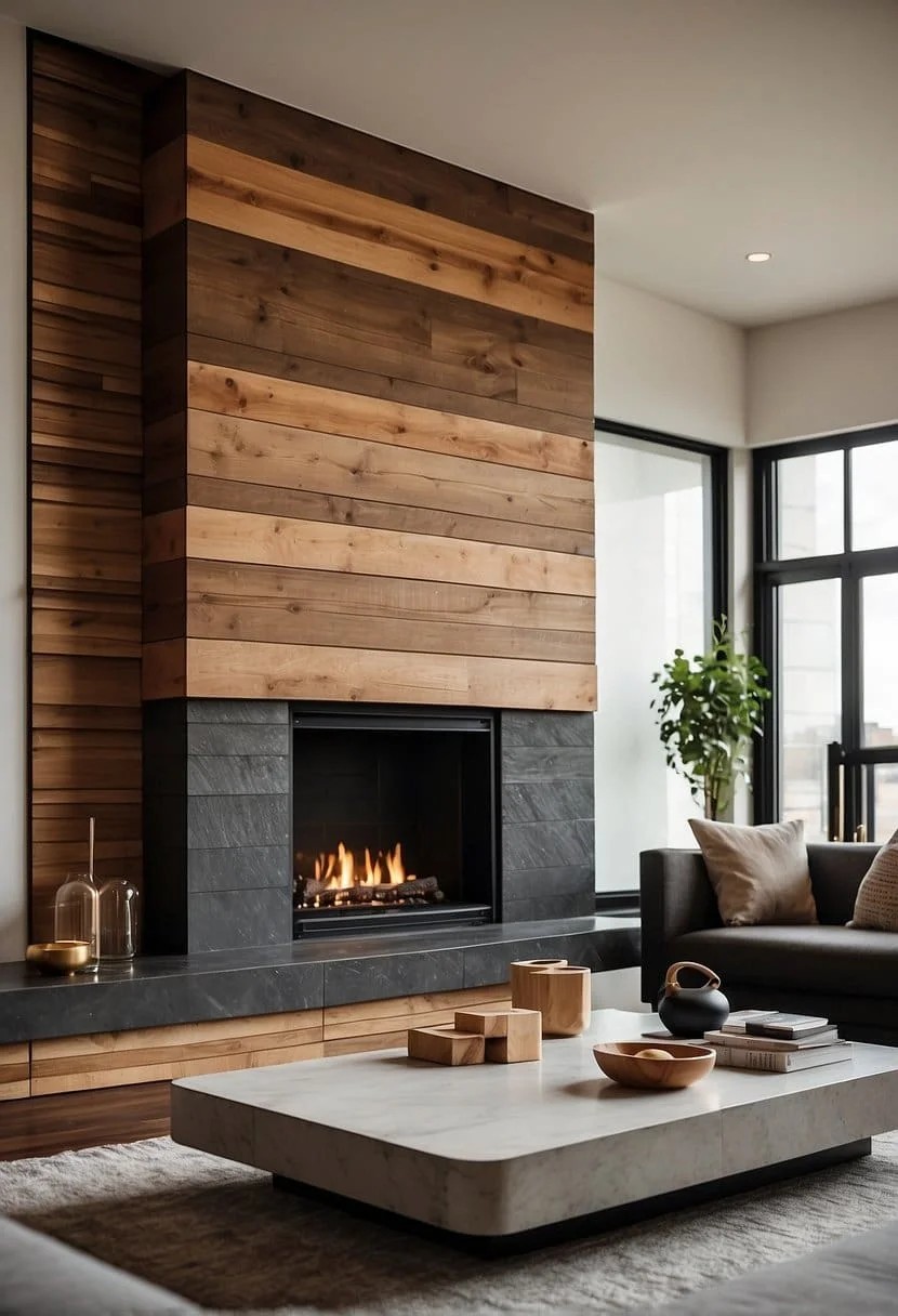 Multi-Dimensional Wood Accent Wall Behind Fireplace