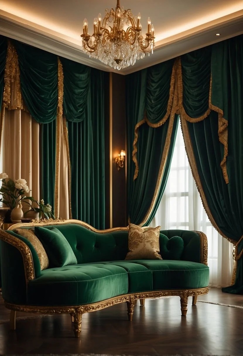 Green Velvet Drapes and Gold Rods