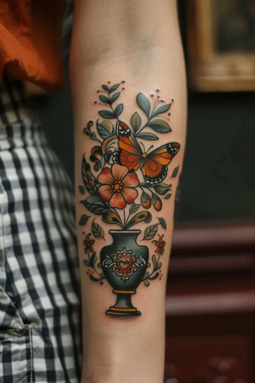 Butterfly with a Vase: Represents beauty, elegance, and the pursuit of one’s dreams