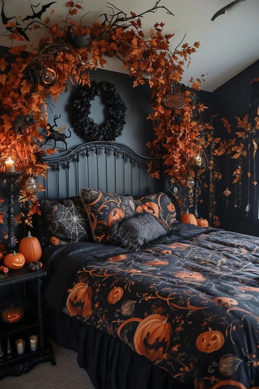 A Halloween Bedroom with a Halloween Wreath