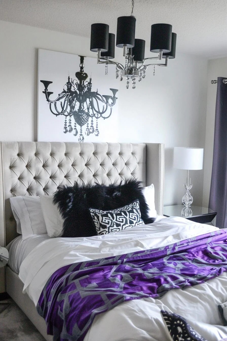 Black and White Bedding with Purple Accents