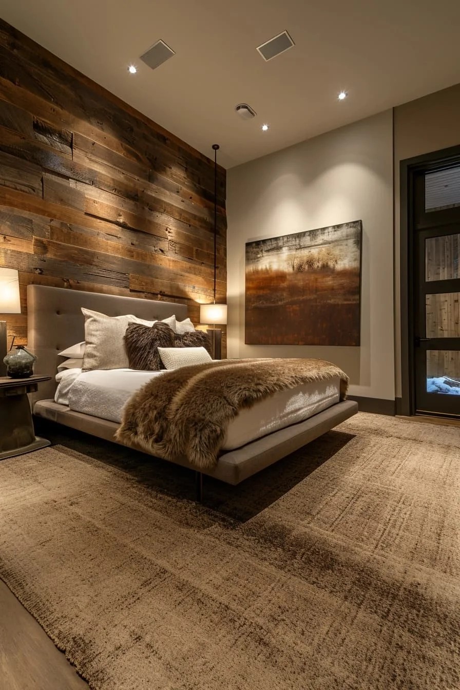 Rustic Brown Bedroom with Plush Textures and Warm Lighting