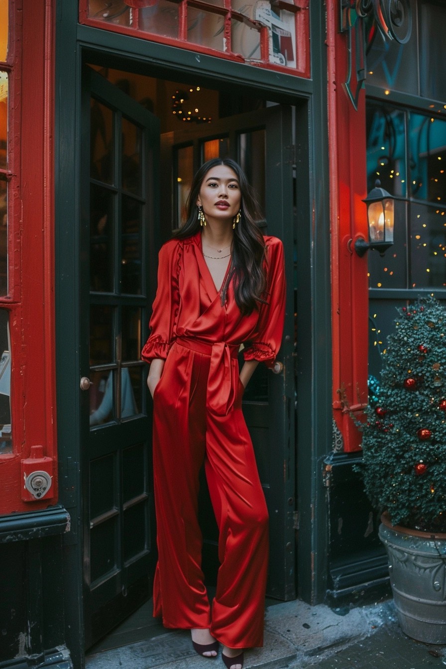 Silk Blouse + Wide-Leg Pants + Statement Earrings