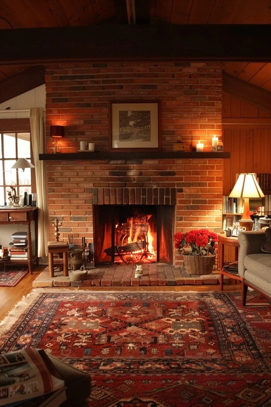 Brick Fireplace with Red Accents