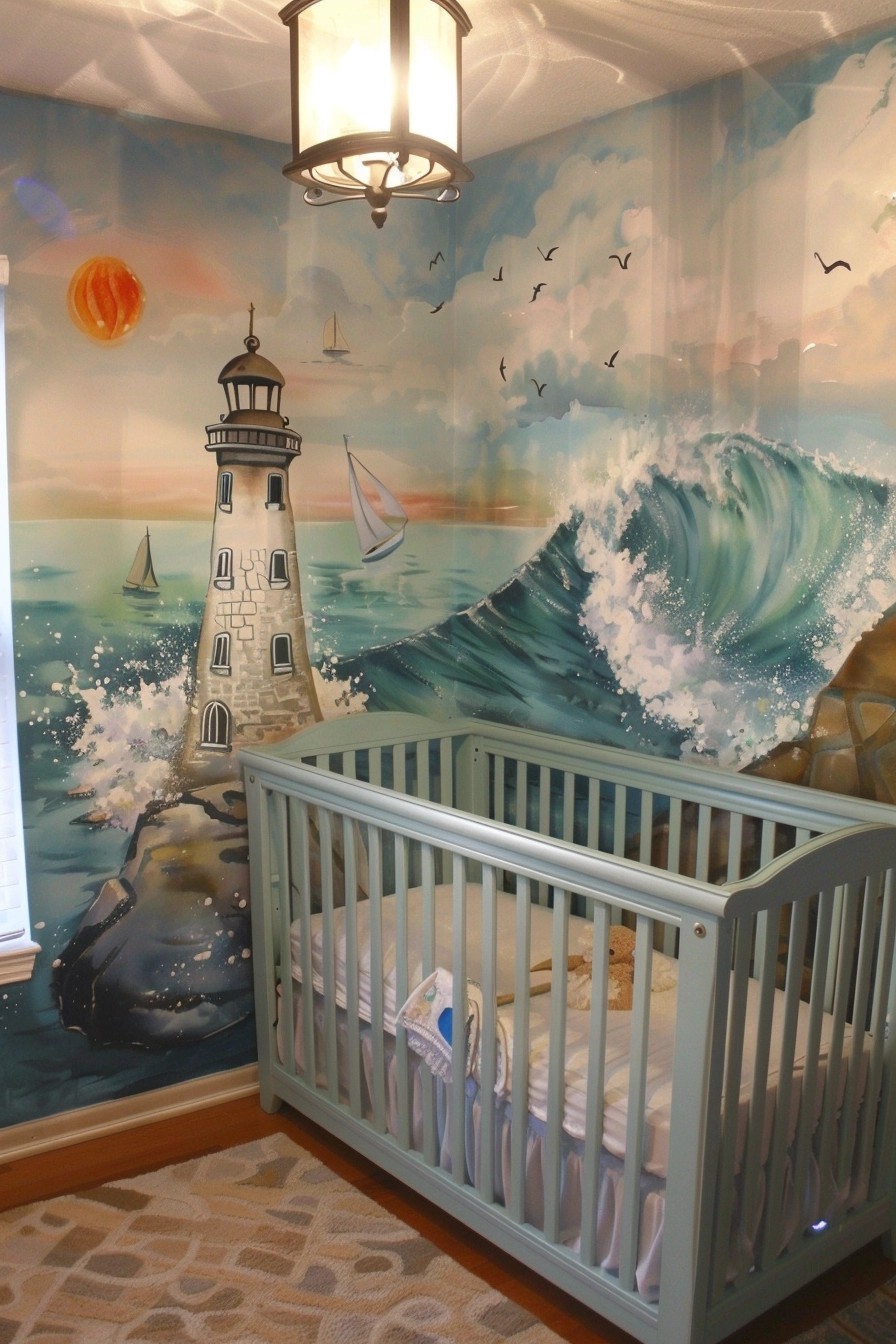 Soothing Watercolor Ocean Scene on A Nursery Accent Wall