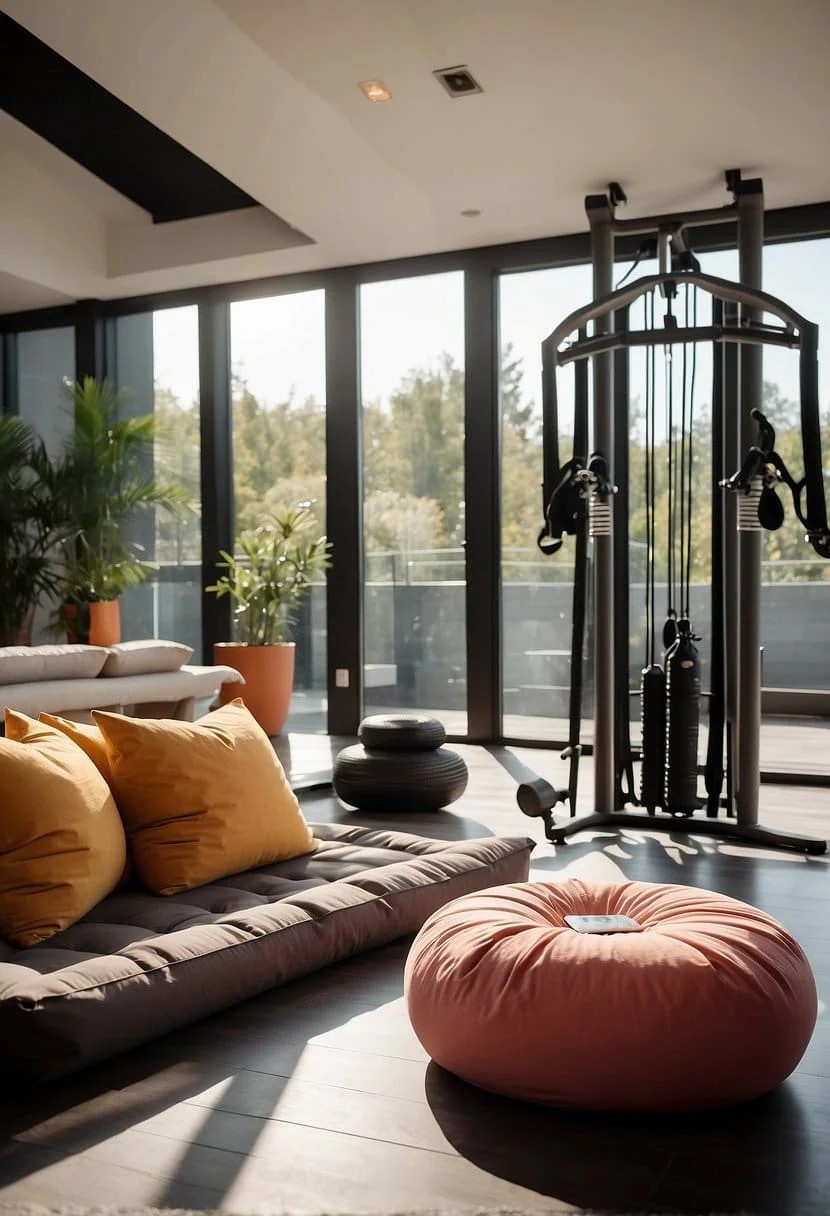 Bean Bags in A Home Gym with A Mat and Water Bottle Holder