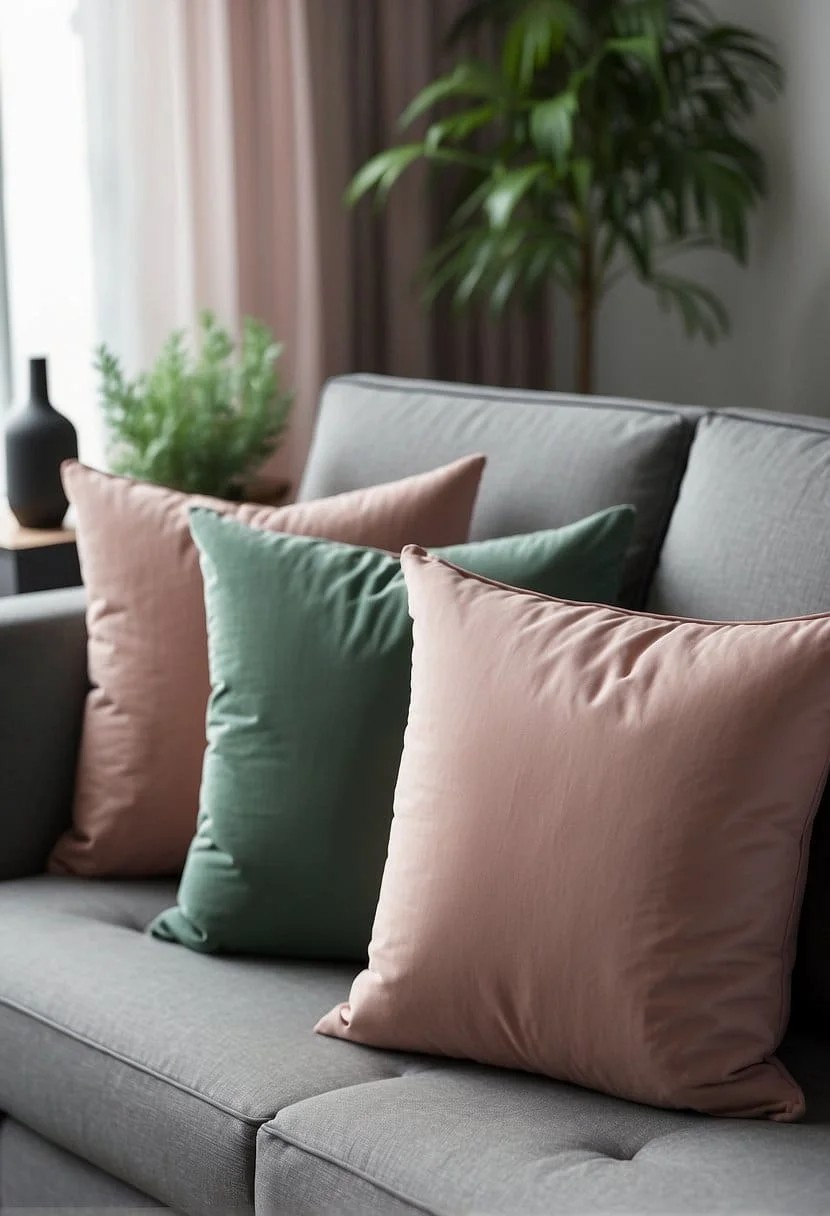 Dusty Rose Accent Pillows On A Gray Sofa