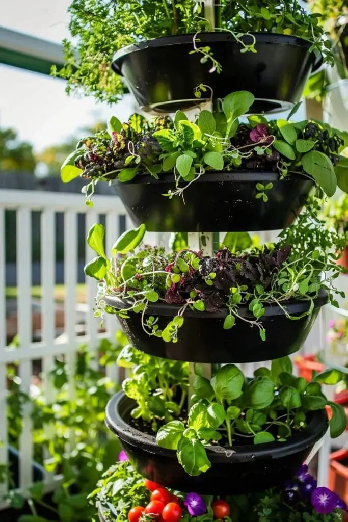 Use a vertical garden tower or stackable planter to grow vegetables, herbs, and flowers in a small space.