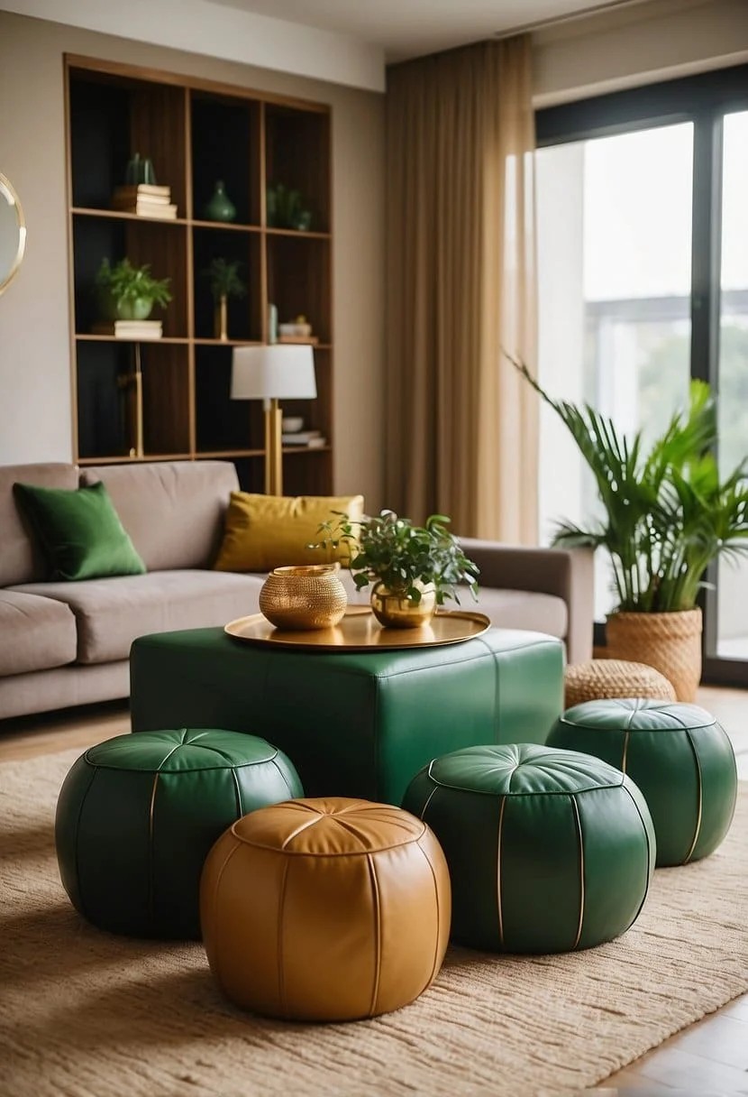 Green Leather Poufs and Gold Trays