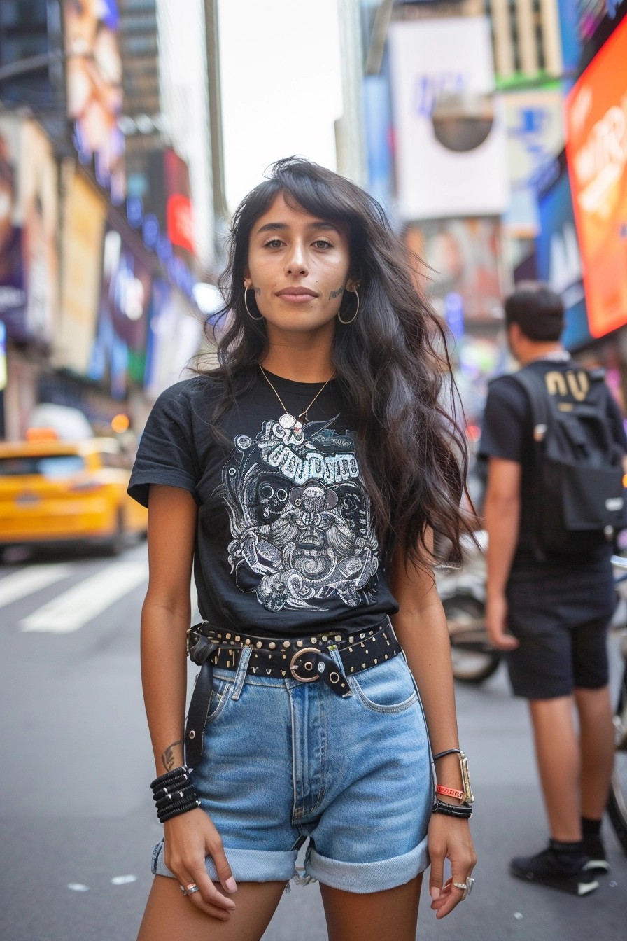 High-Waisted Denim Shorts + Statement Tee