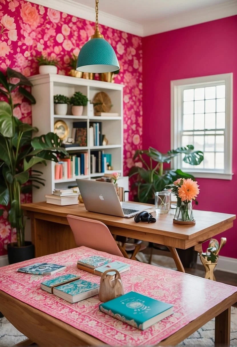 Bold Feminine Home Office With Statement Wallpaper