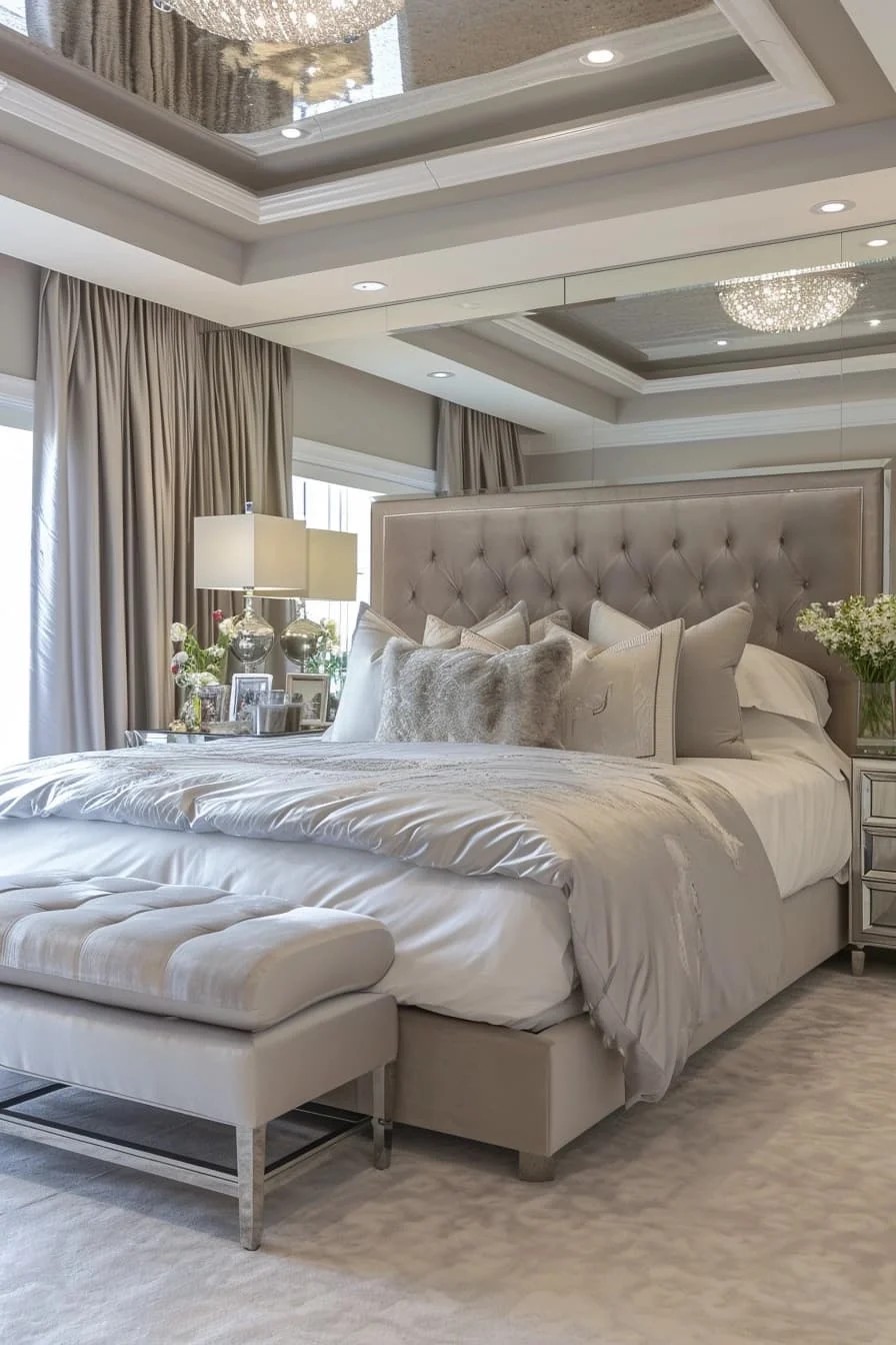 Chic Master Bedroom with Mirrored Tray Ceiling Detail