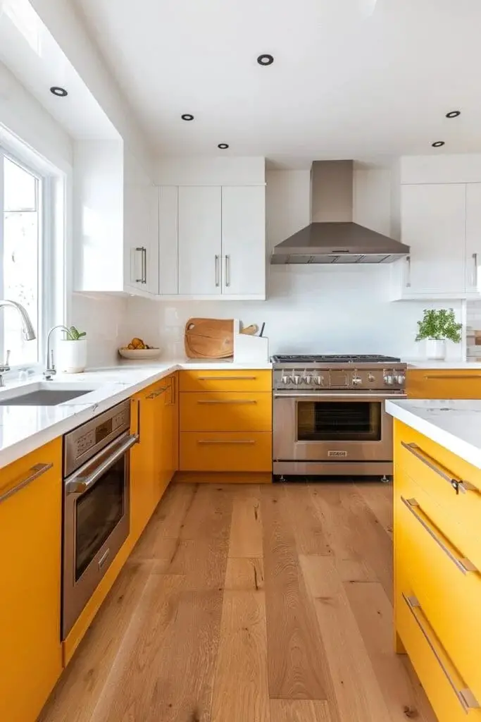 Mustard Yellow Base Cabinets with White Uppers