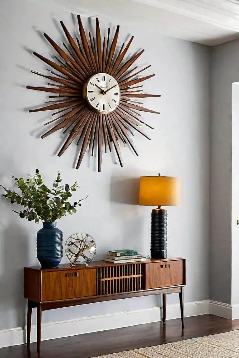 Mid-Century Modern Small Hallway With Sunburst Clock And Teak Console