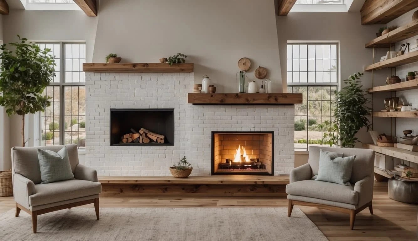 Modern Farmhouse Fireplace With Built-In Shelving