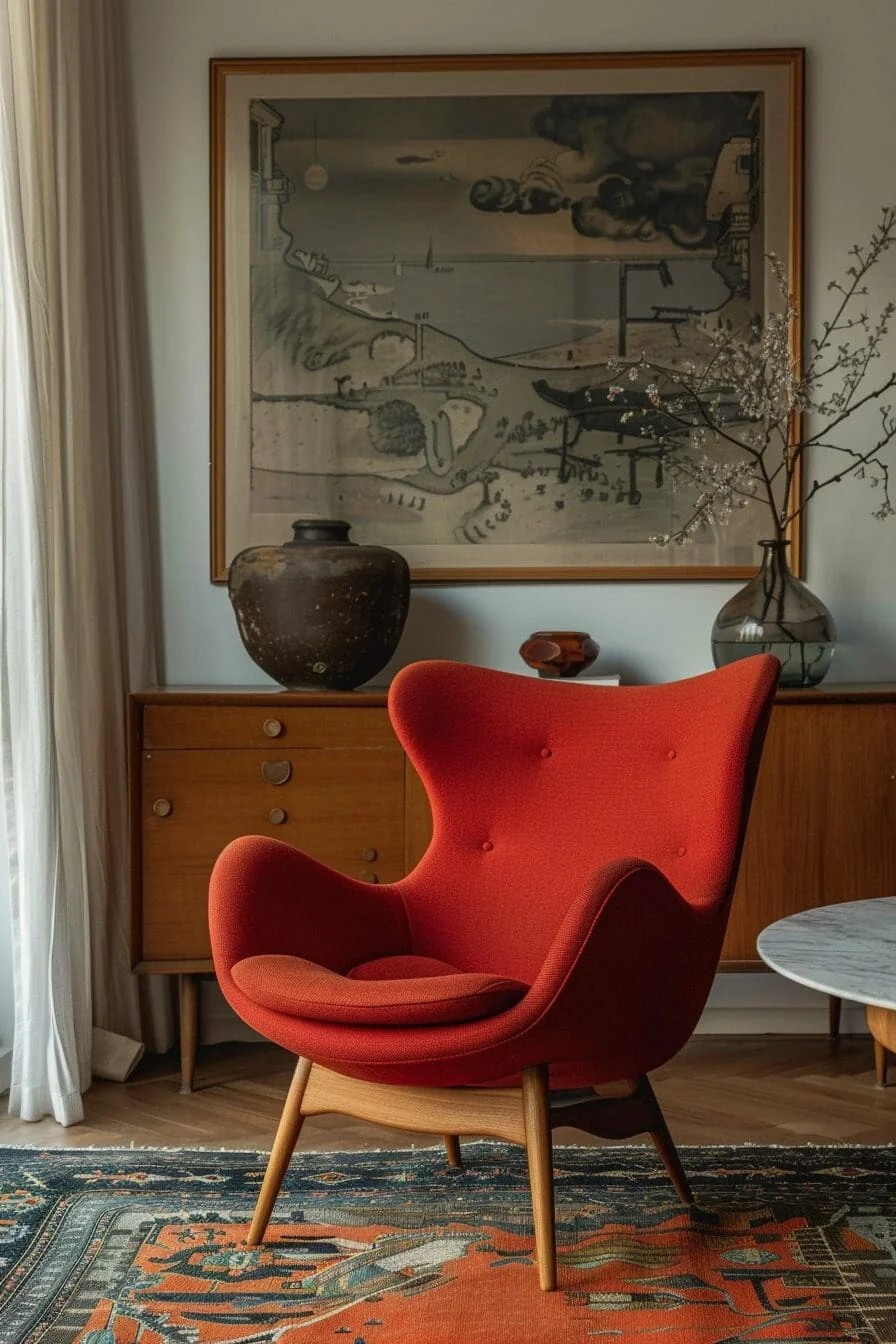 Scandinavian Red Chair with Wood Frame