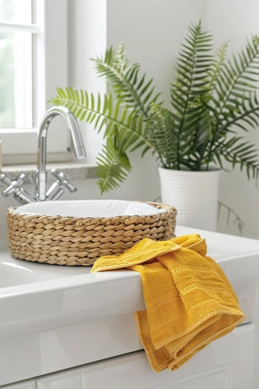 Woven Basket with Yellow Linens