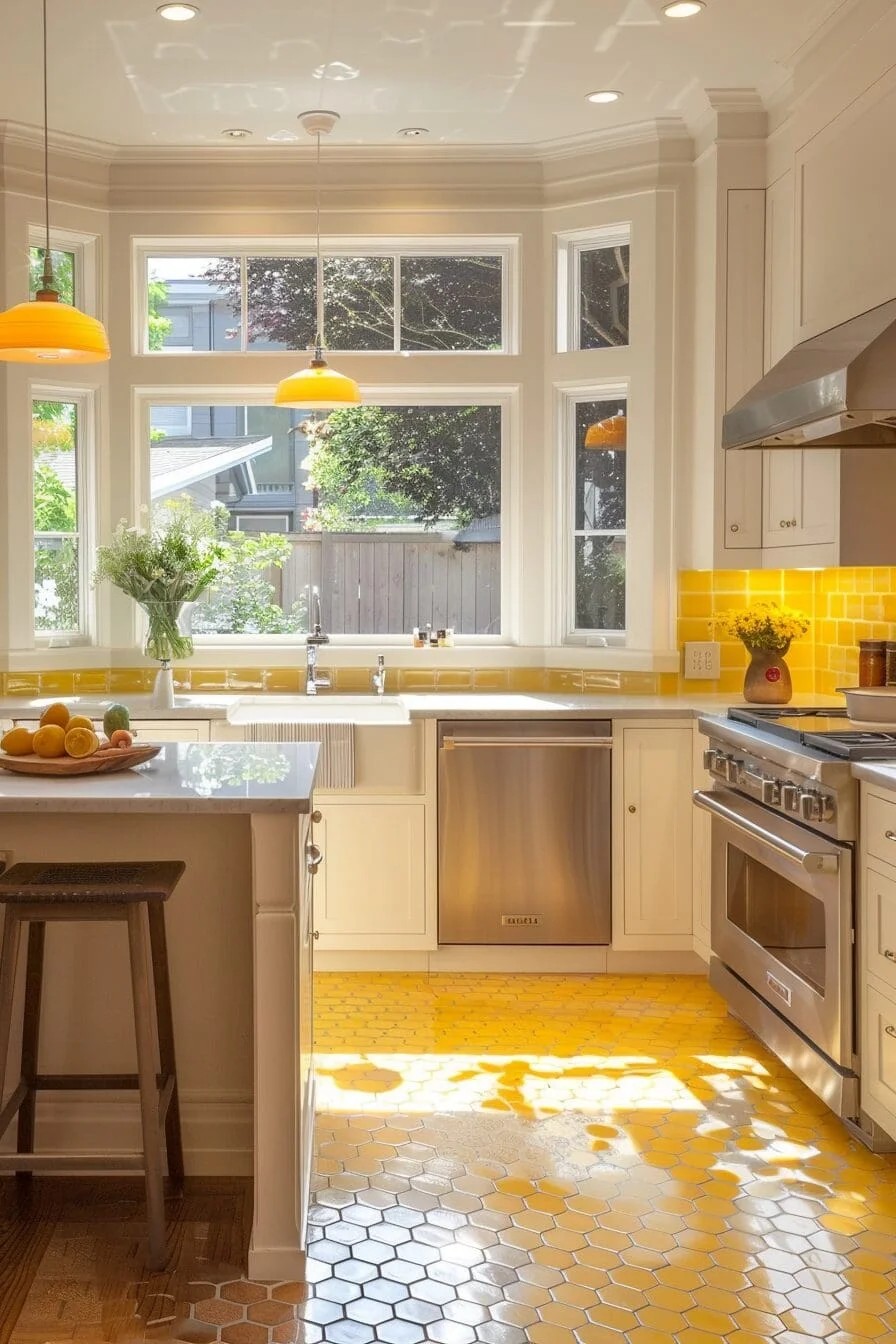 Honeycomb Yellow Tile Kitchen Floor