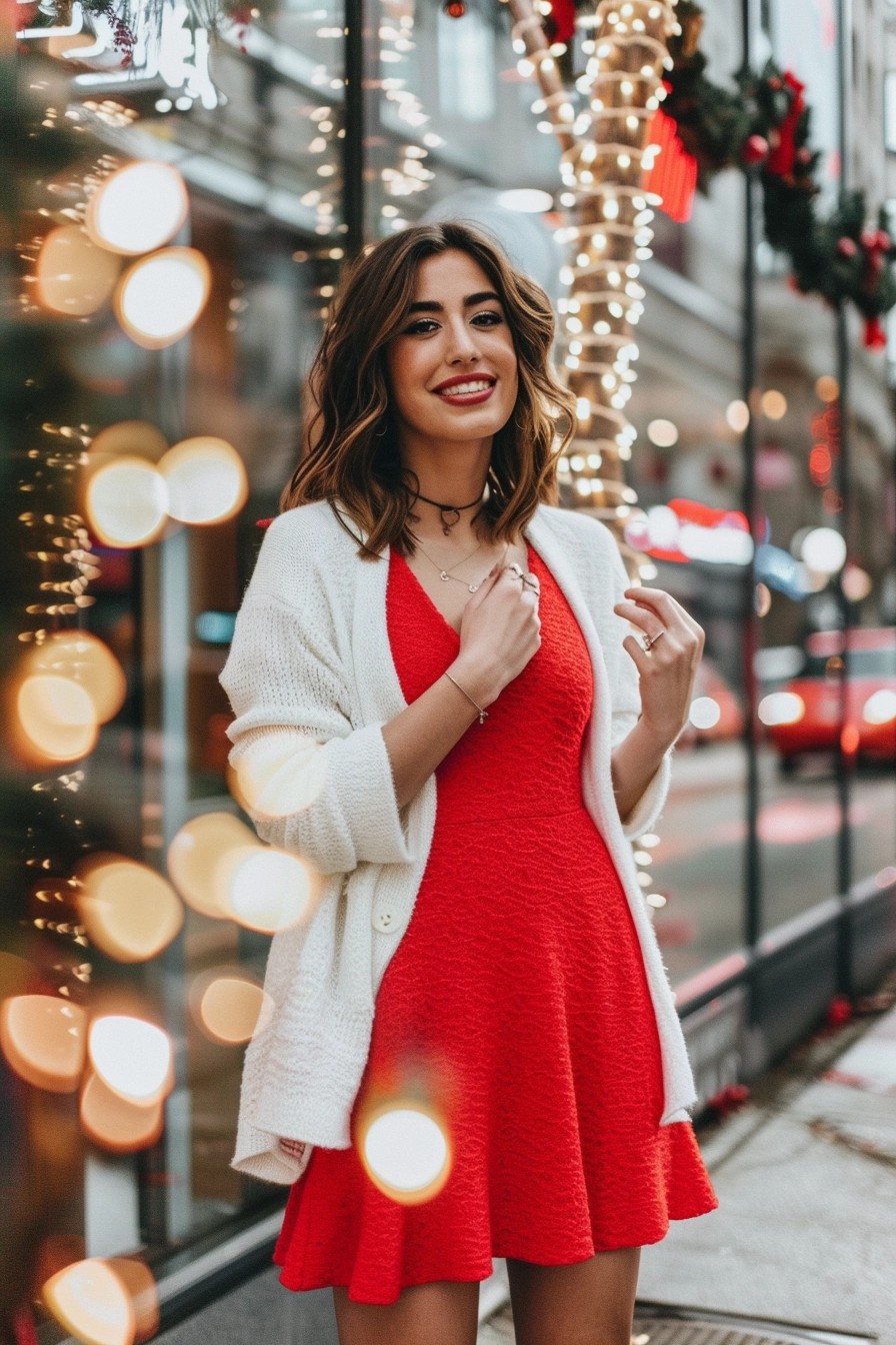 Red Dress + White Cardigan + Pumps