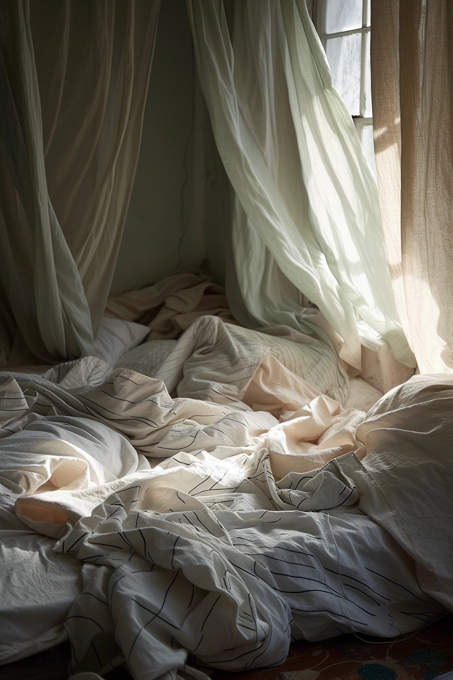 Unmade Bed with Draped Fabrics