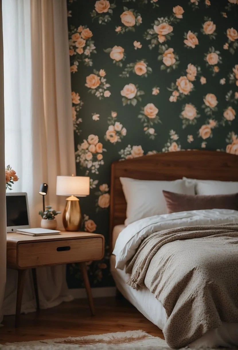 Girl’s Bedroom with Vintage Floral Wallpaper