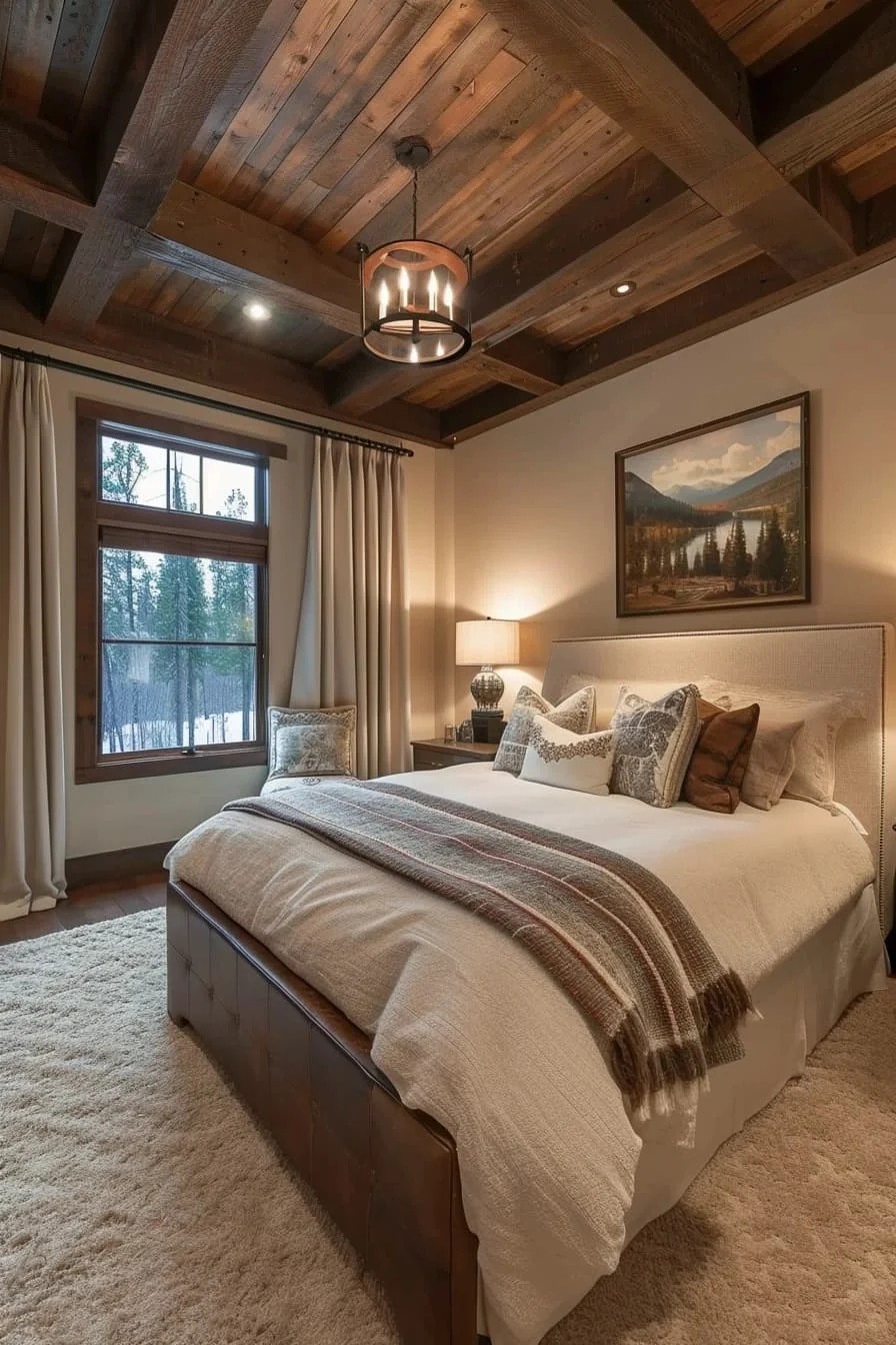 Rustic Master Bedroom with Beamed Tray Ceiling Design