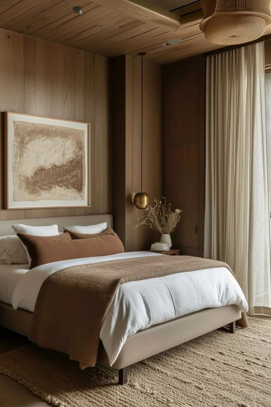 Brown Bedroom with Accent Wall and Statement Art