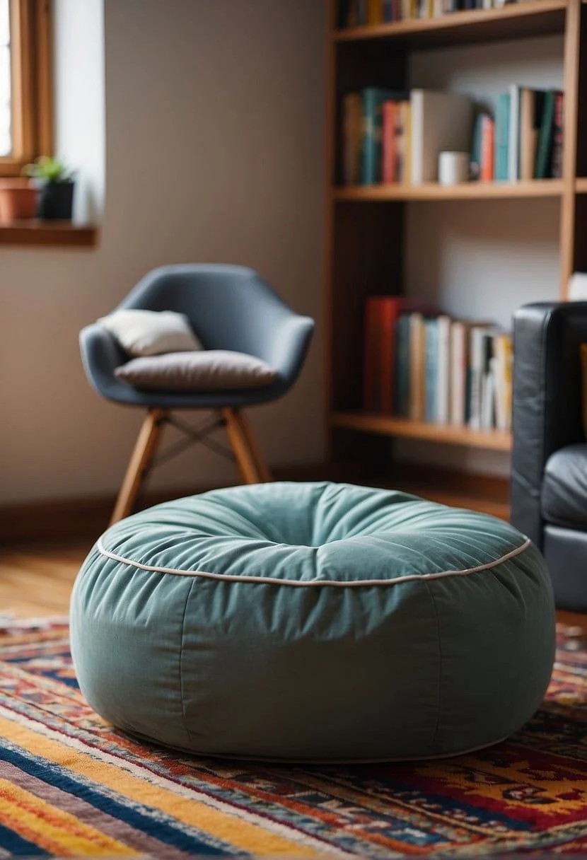 Bean Bag Chair in A Corner with A Rug and Pouf