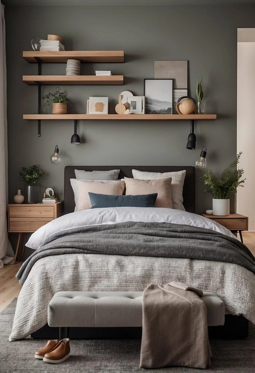 Utilize Wall-Mounted Shelves in Your Small Guest Bedroom for Storage