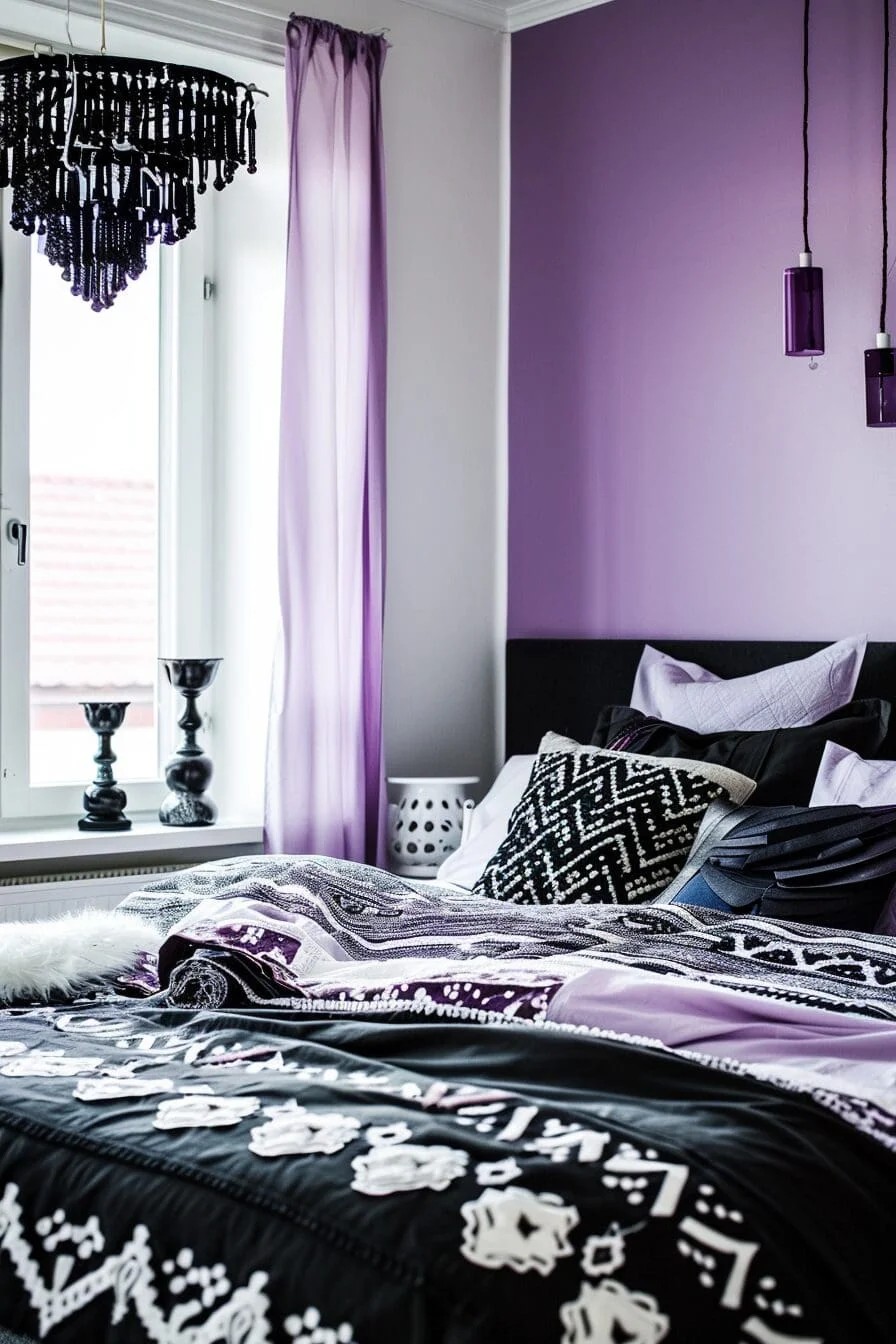 Black and White Bedding with Purple Accents