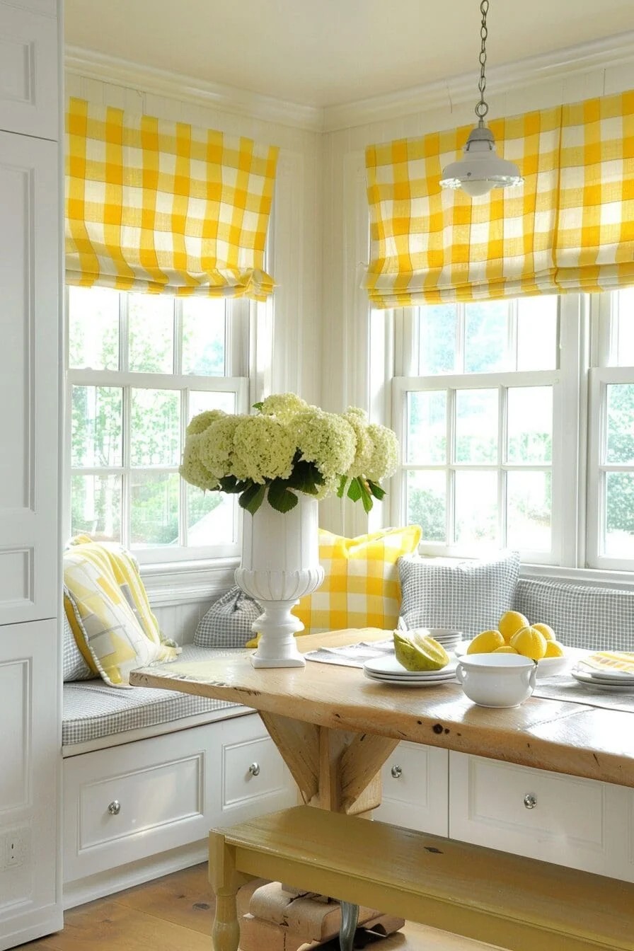 Playful Yellow and White Gingham Kitchen Curtains