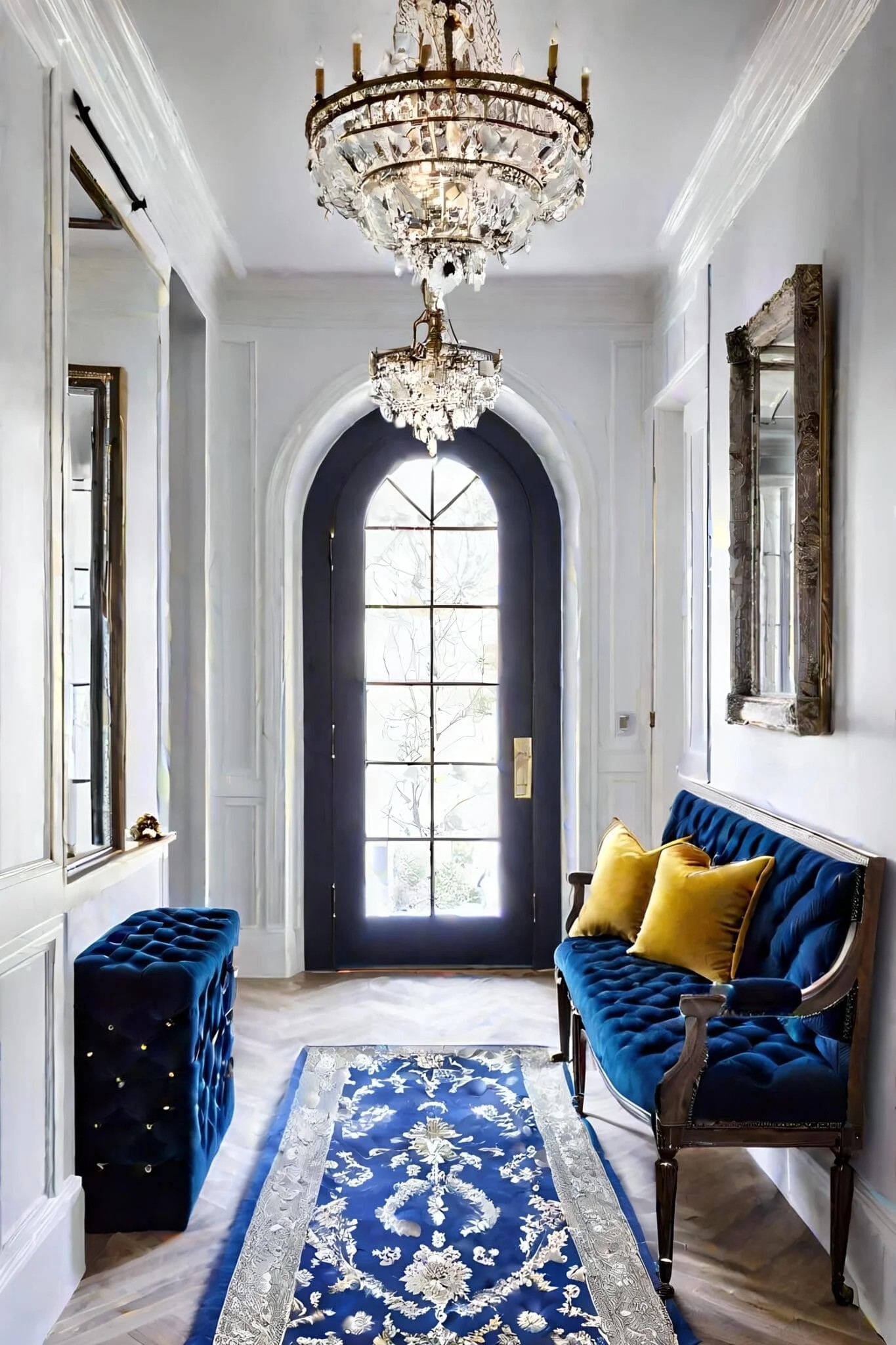 Elegant Small Hallway With Crystal Chandelier And Velvet Settee