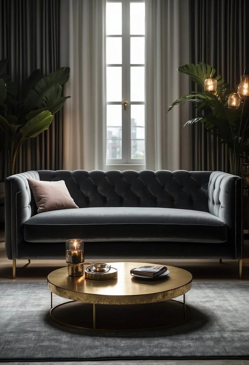 Glamorous Touch: Charcoal Velvet Sofa with Metallics