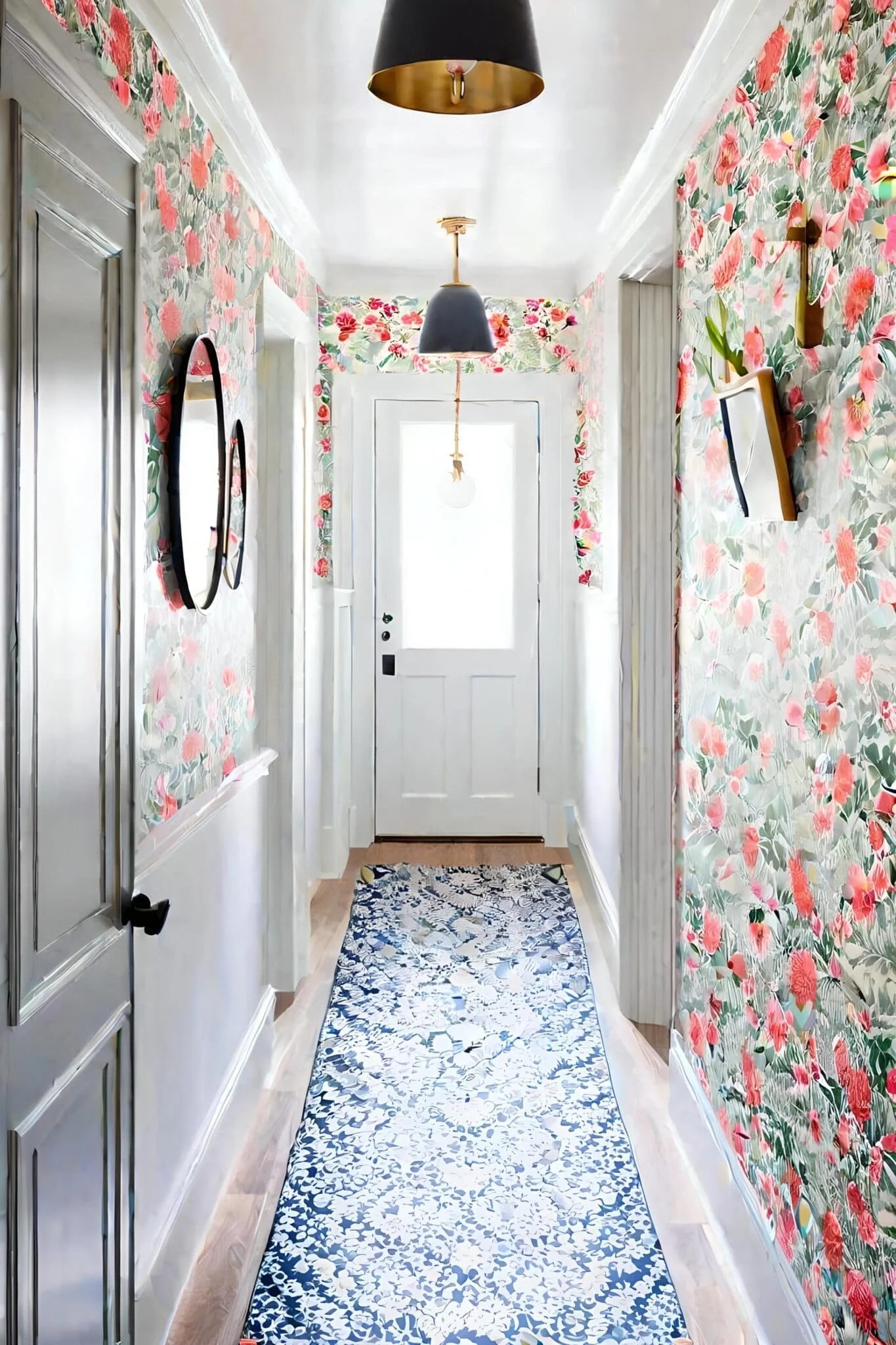 Bright Small Hallway With Floral Wallpaper And Pendant Light