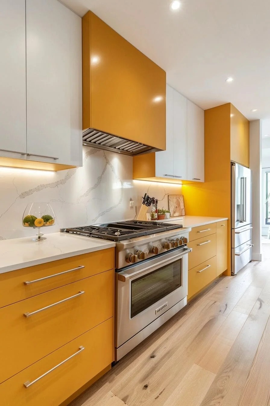 Mustard Yellow Base Cabinets with White Uppers