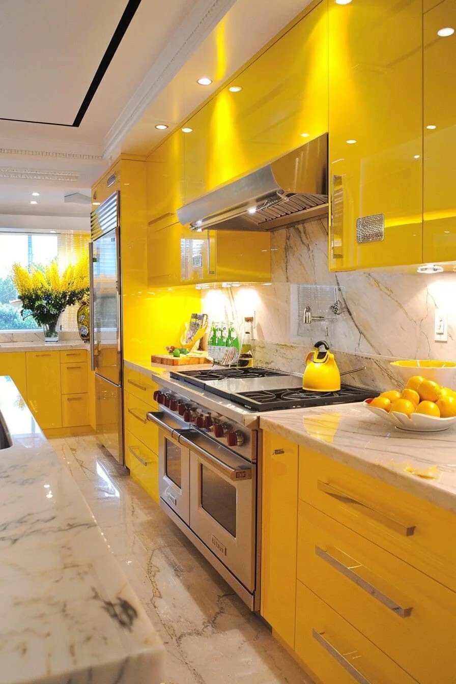 Sleek Yellow with Marble Countertops