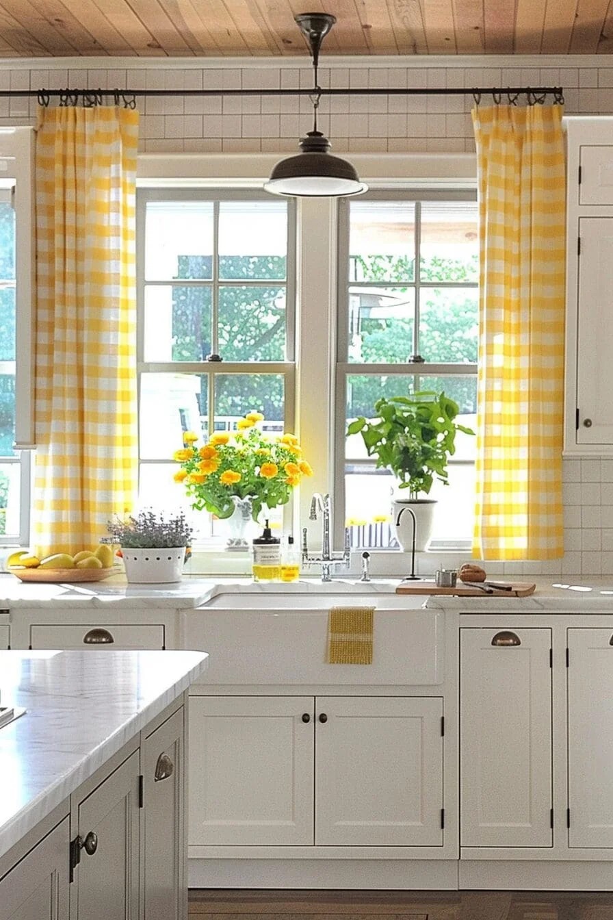 Playful Yellow and White Gingham Kitchen Curtains