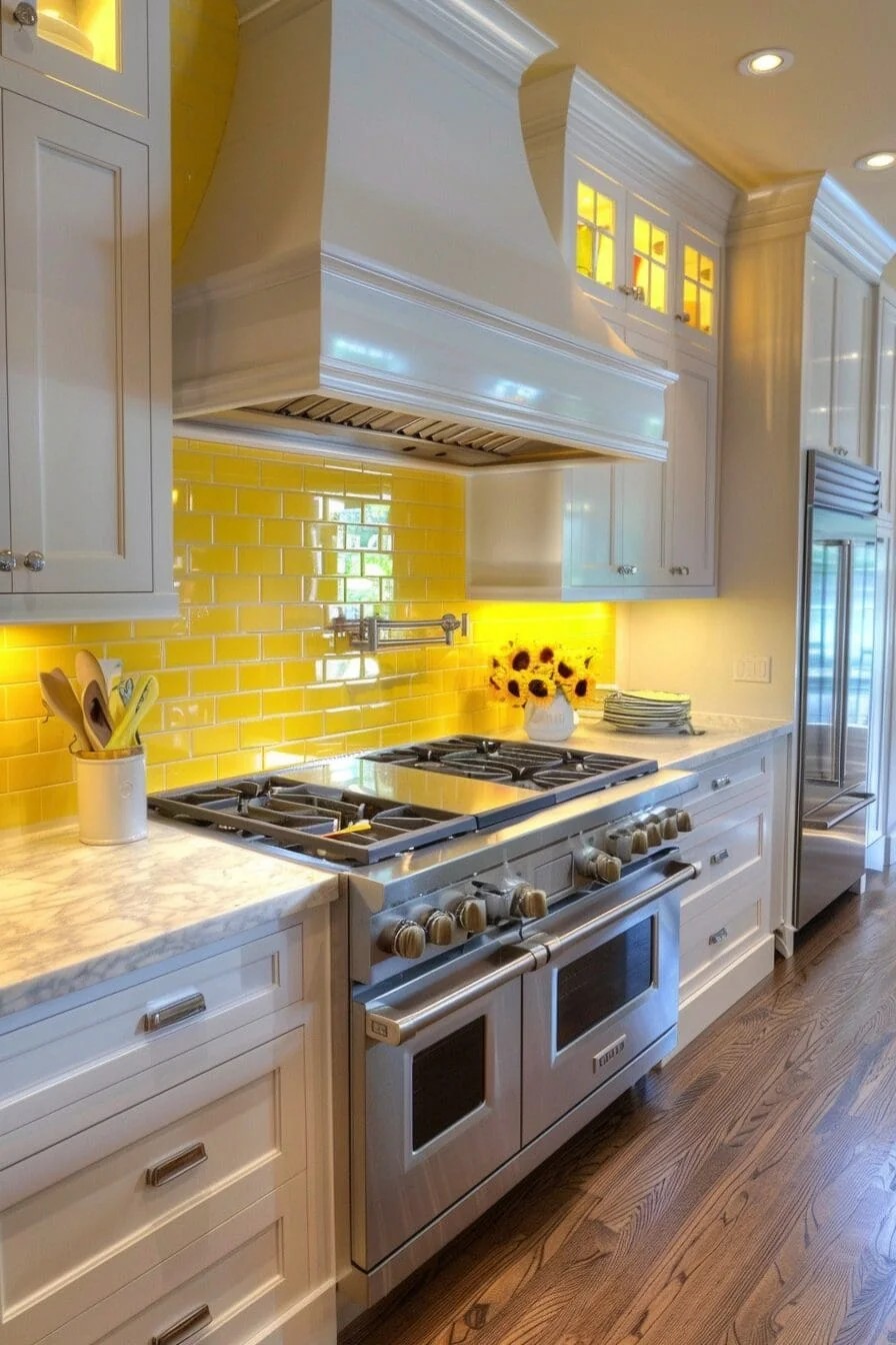 Yellow Backsplash with Neutral Cabinets