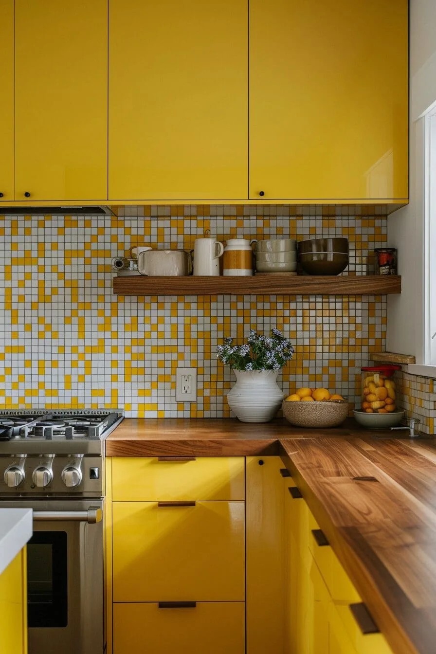 Yellow and White Penny Tile Backsplash