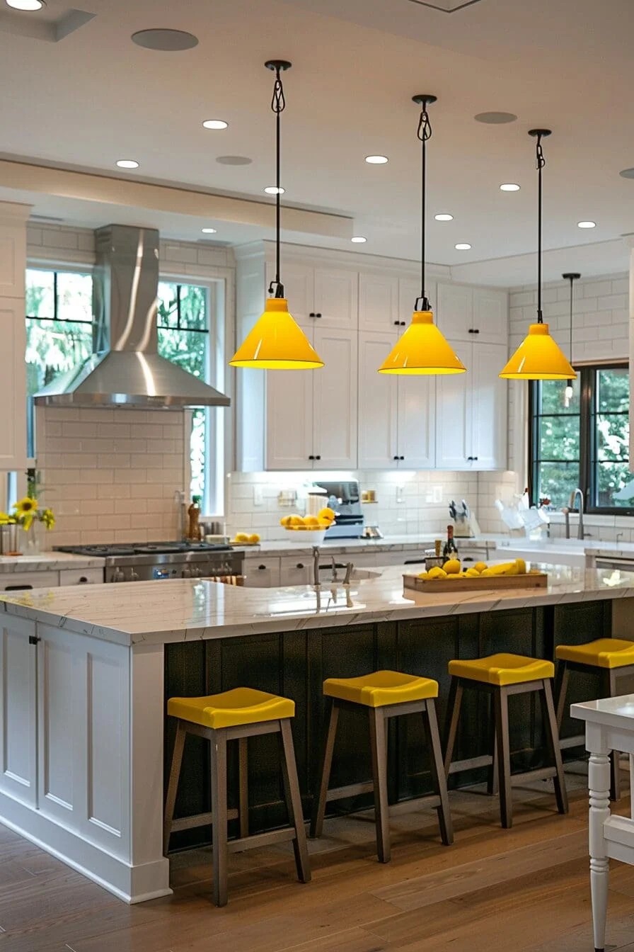 Yellow Pendant Lights over a Kitchen Island