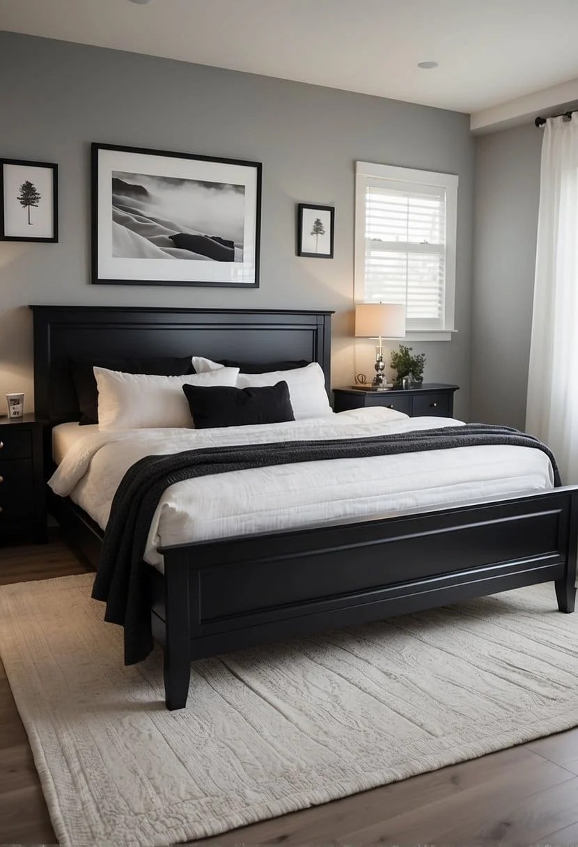 Off-White Bedroom With Black Bed Frame