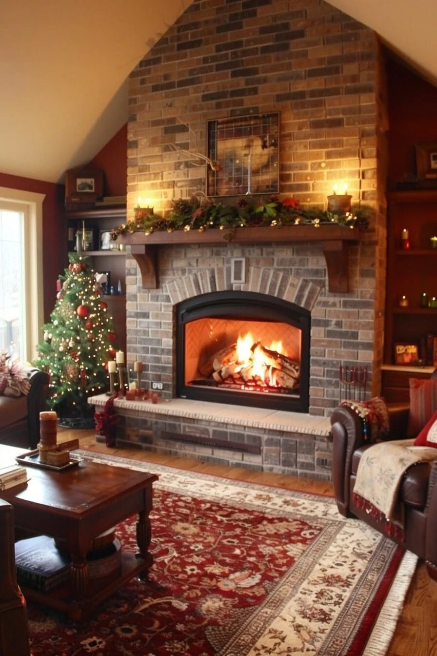 Brick Fireplace with Red Accents