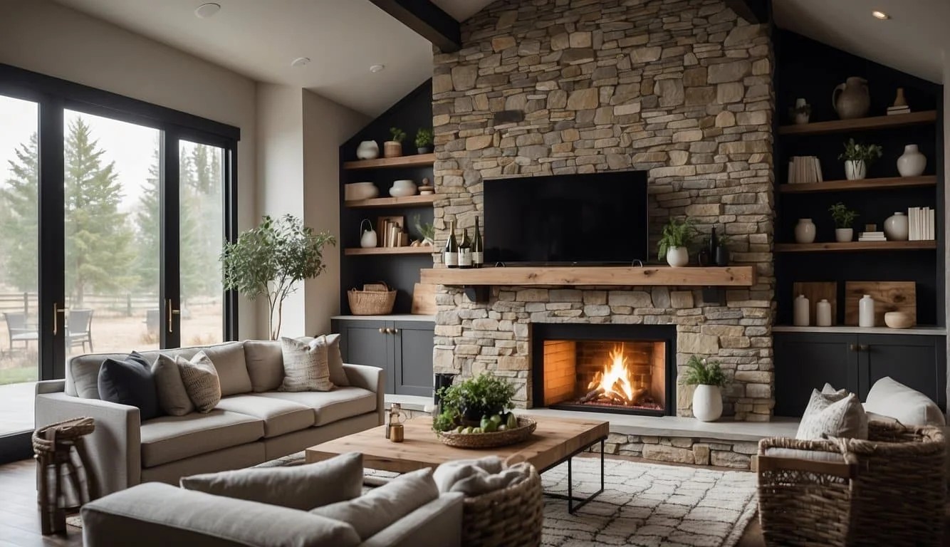 Stacked Stone Modern Farmhouse Fireplace