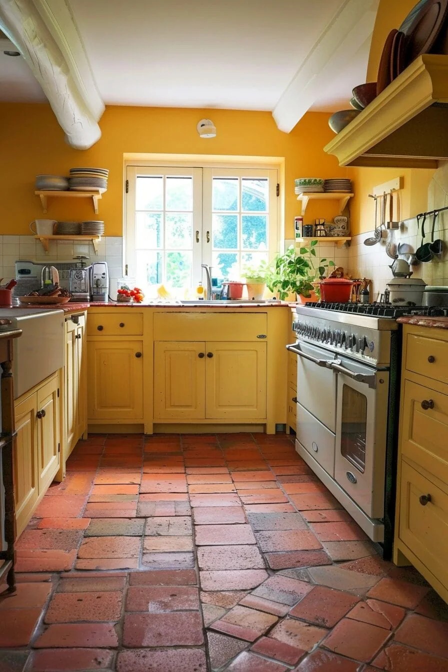 Bright Yellow Kitchen with Terracotta Floor Tiles