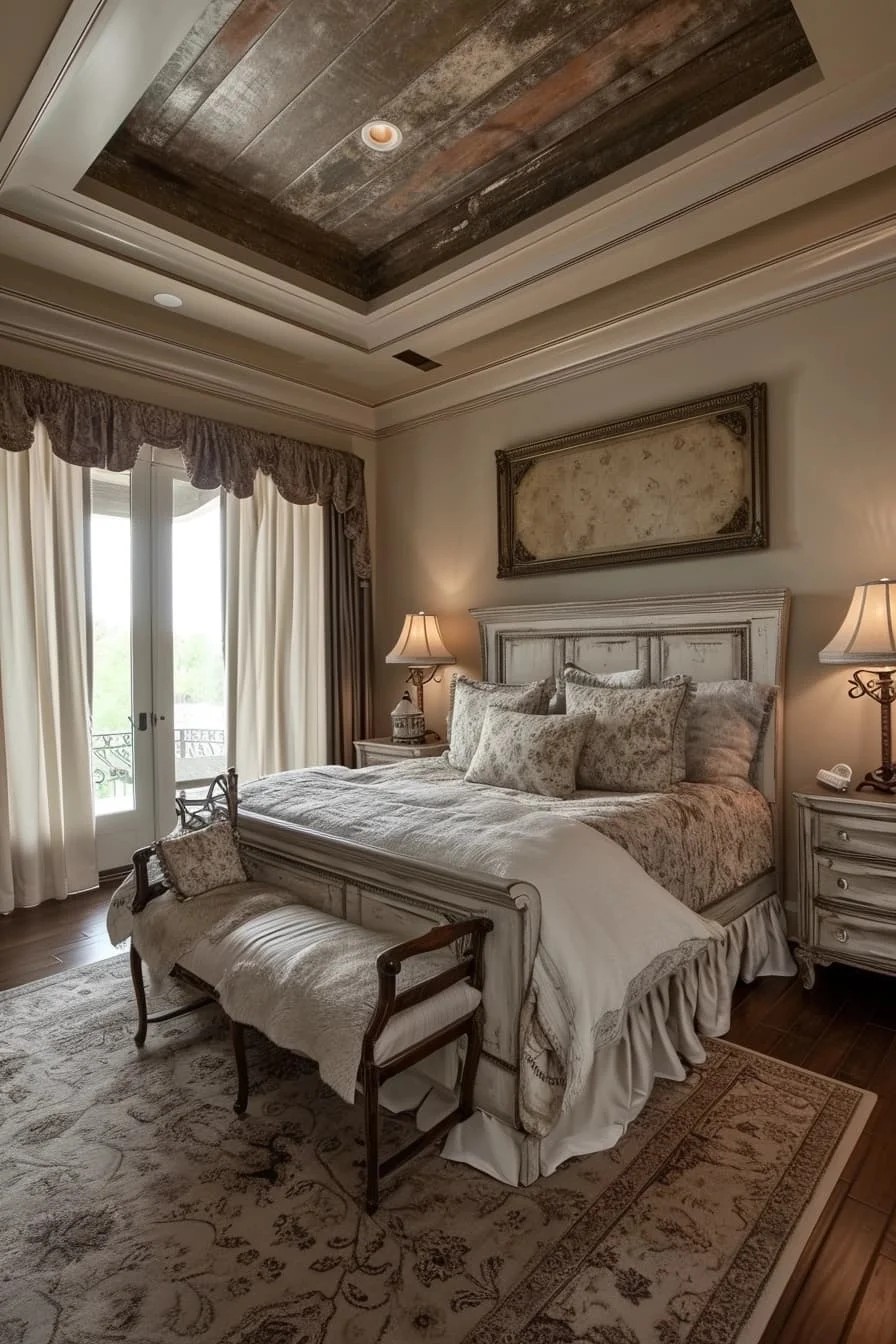 French Country Master Bedroom with Vintage Tray Ceiling