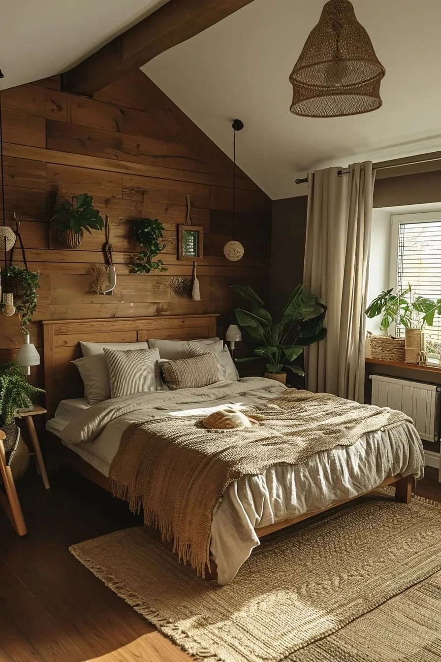 Brown Bedroom with a Touch of Greenery and Natural Elements