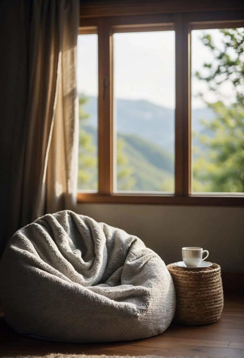 Bean Bag Near a Window with A View and Throw Blanket