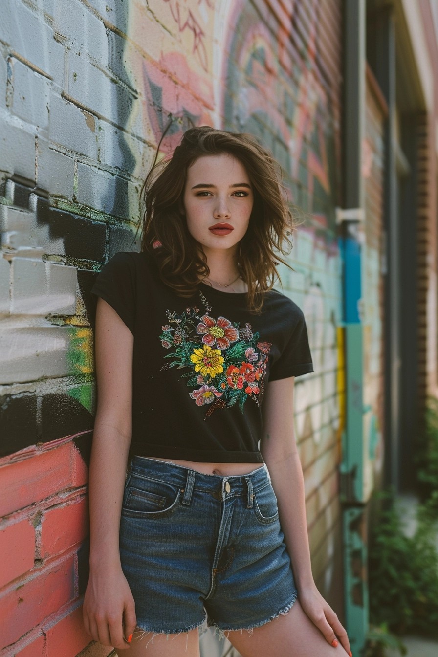 High-Waisted Denim Shorts + Statement Tee