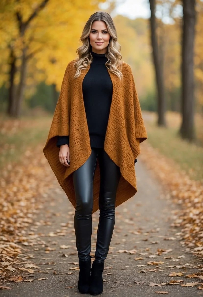 Knit Poncho and Leather Leggings